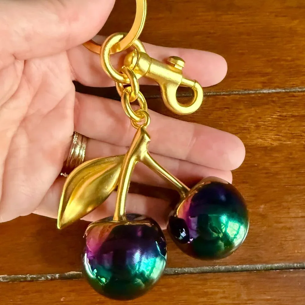 NEW Iridescent Rainbow Cherry Bag Charm & Lobster Clasp Keychain in Gold Tone